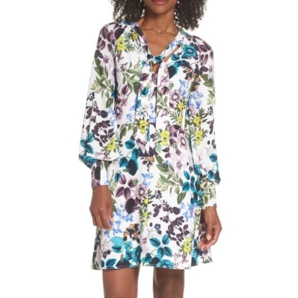 NWT! Eliza J Ivy Pebbled Crepe Tie Neck Floral Dress Size 6 - Picture 1 of 16